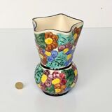 Multicolored Vallauris vase in polychrome earthenware with bas-relief decoration of colored flowers