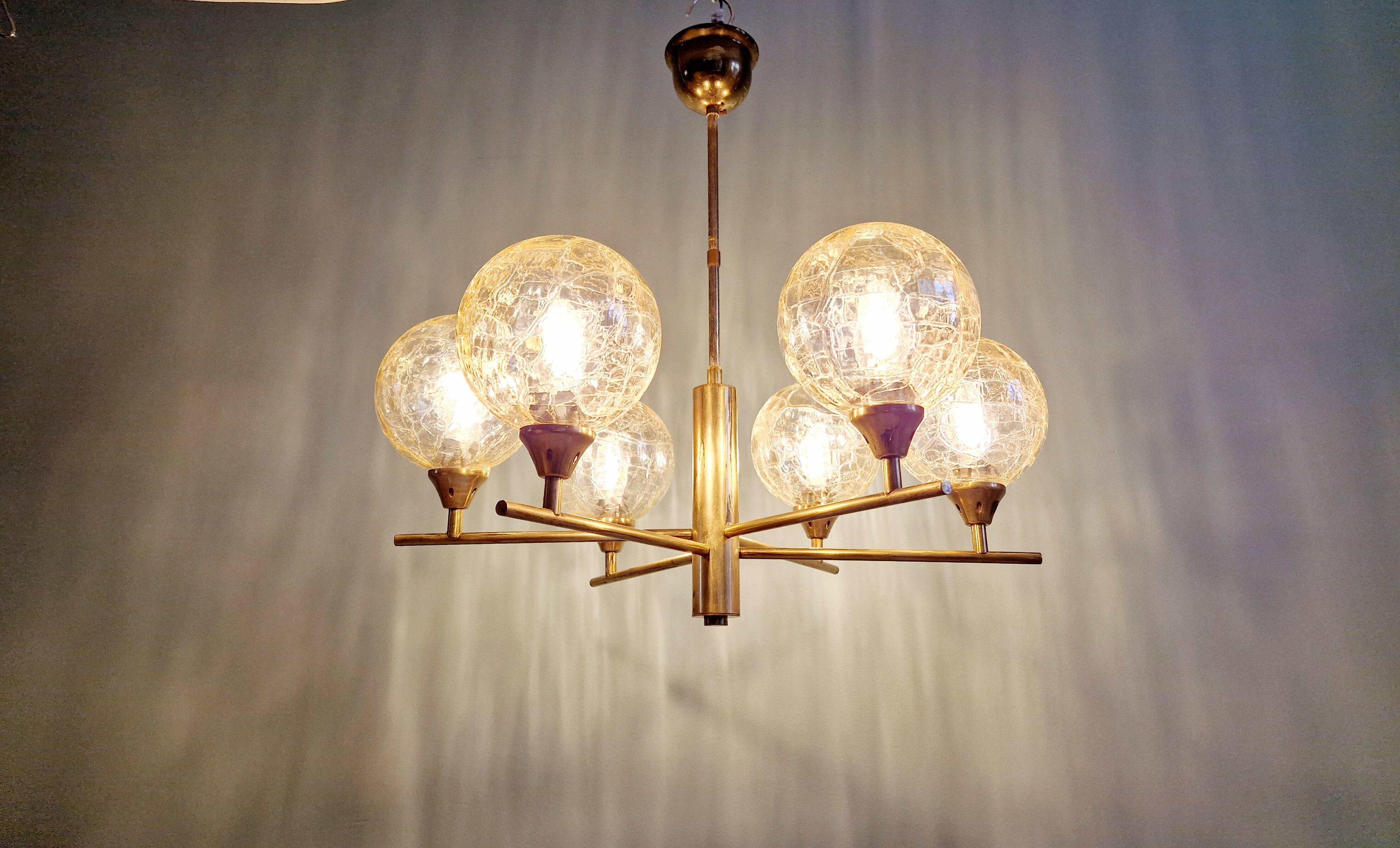 Brass chandelier with amber cracked glass globes, 1950s-60s