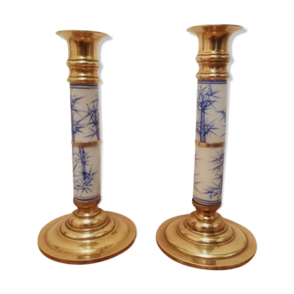 Pair of hand-painted gold brass and porcelain candlesticks