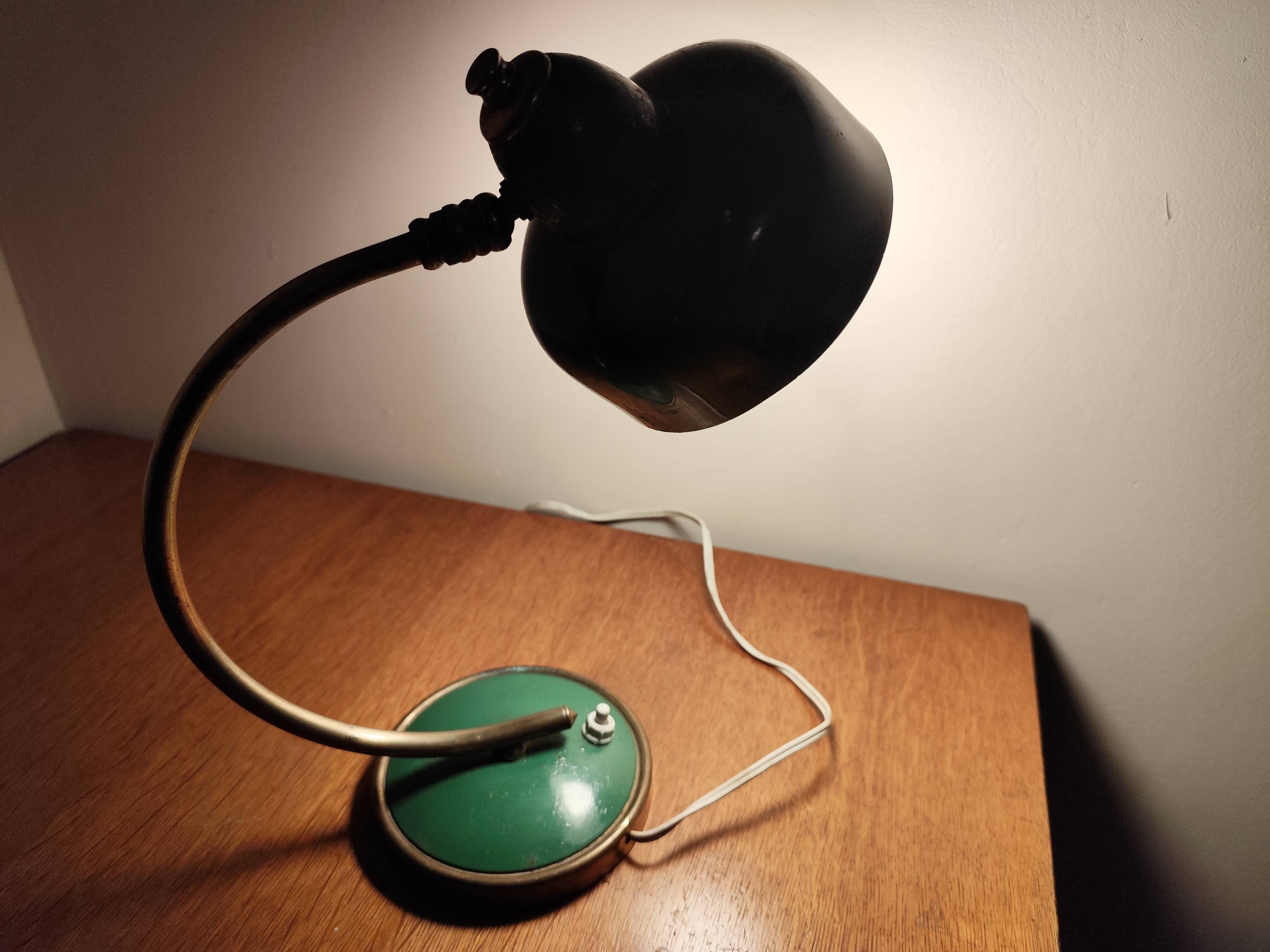 Vintage Scandinavian Art Deco desk lamp from the 40s, golden brass, retro, moon shape, swan neck