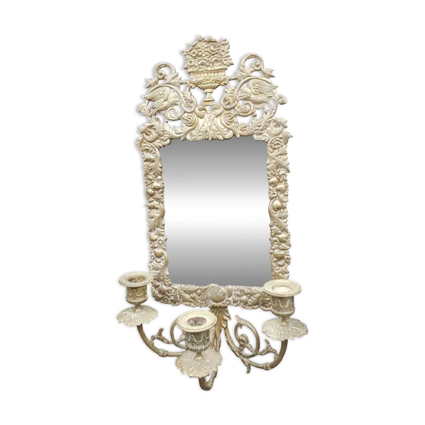 Repousse brass wall mirror with three candles, beveled glass, end of 19th century, double eagles