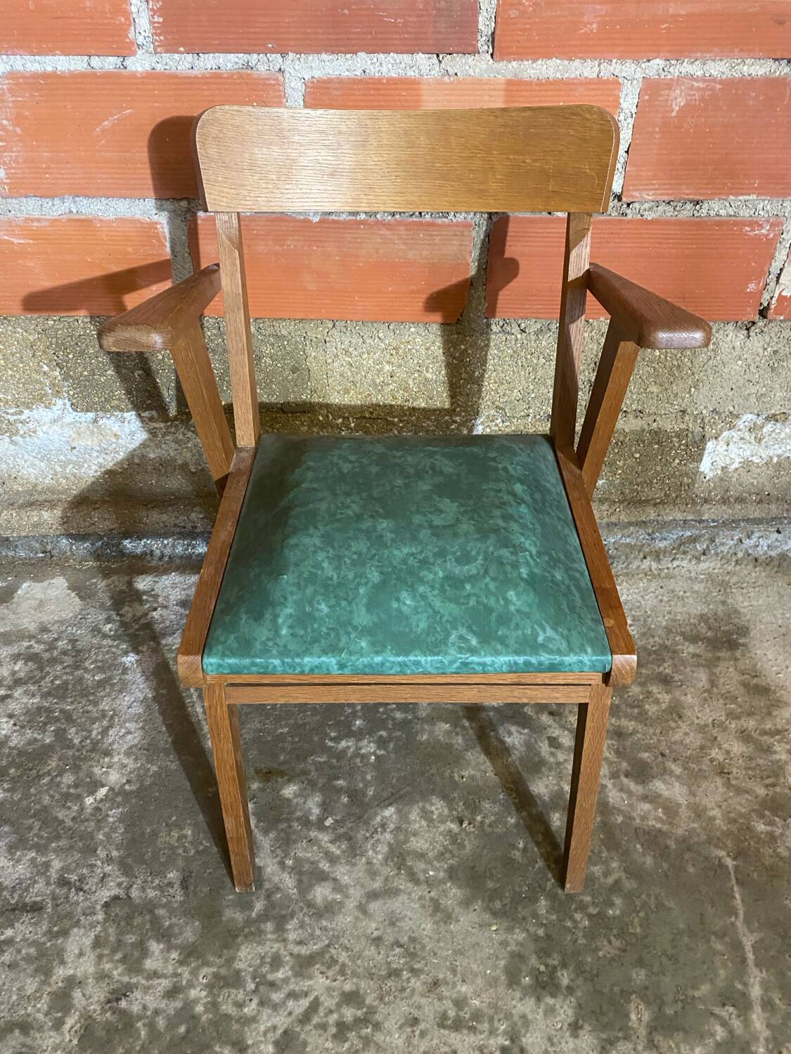 Fauteuil Bridge Ancien Pieds Compas & Skaï Vert Années 1960 Vintage #D