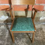 Fauteuil Bridge Ancien Pieds Compas & Skaï Vert Années 1960 Vintage #D