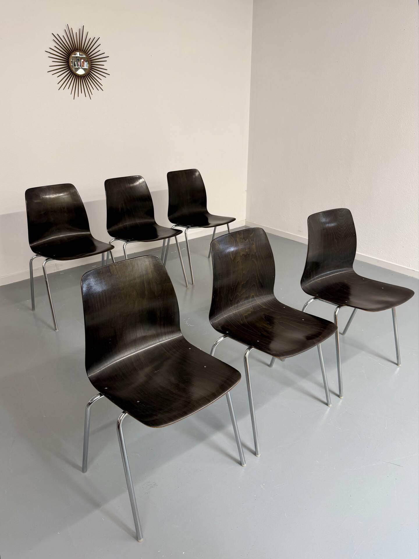 Set of 6 wooden and chrome chairs, Pagholz design from the 80s, vintage Pagwood.