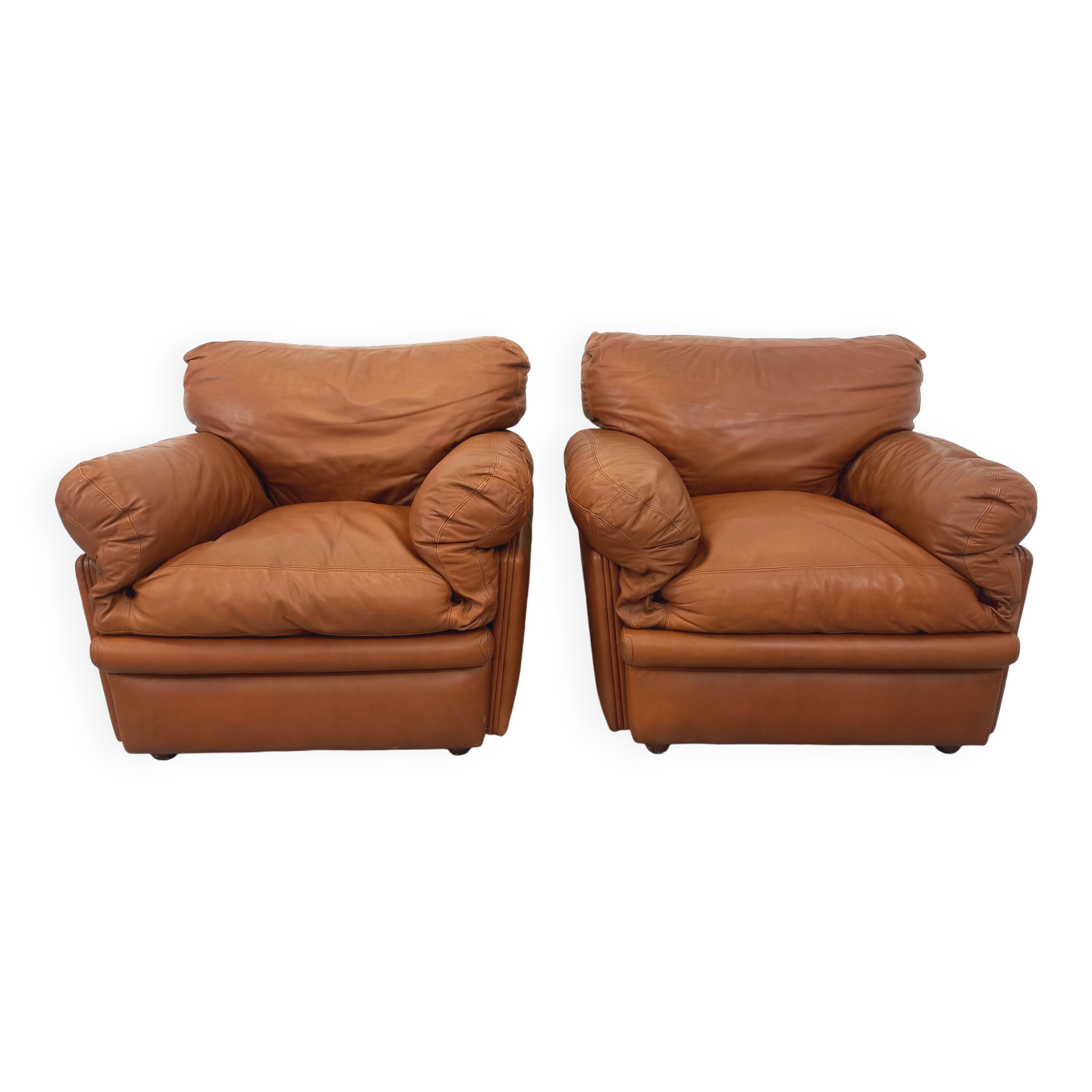 Pair of vintage Coquelicot lounge chairs by Tito Agnoli for Poltrona Frau in leather from the 70s