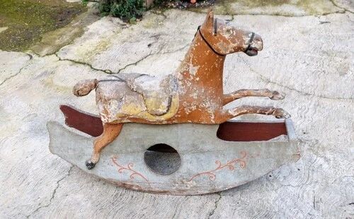 Ancien Cheval À Bascule XIXe Siècle En Bois Et Papier Mâché Peint