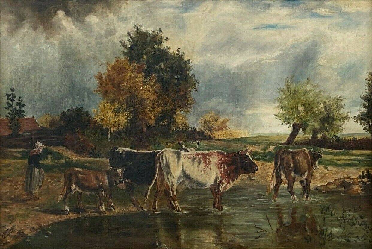 Oil by Lhopin or Hopin signature to identify woman cows Barbizon late 19th century