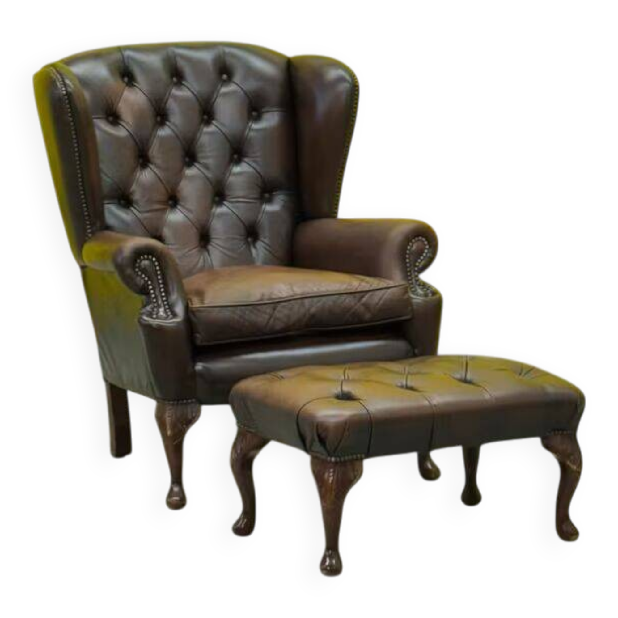 Dark Brown leather chesterfield wing chair with Ottoman