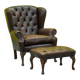 Dark Brown leather chesterfield wing chair with Ottoman