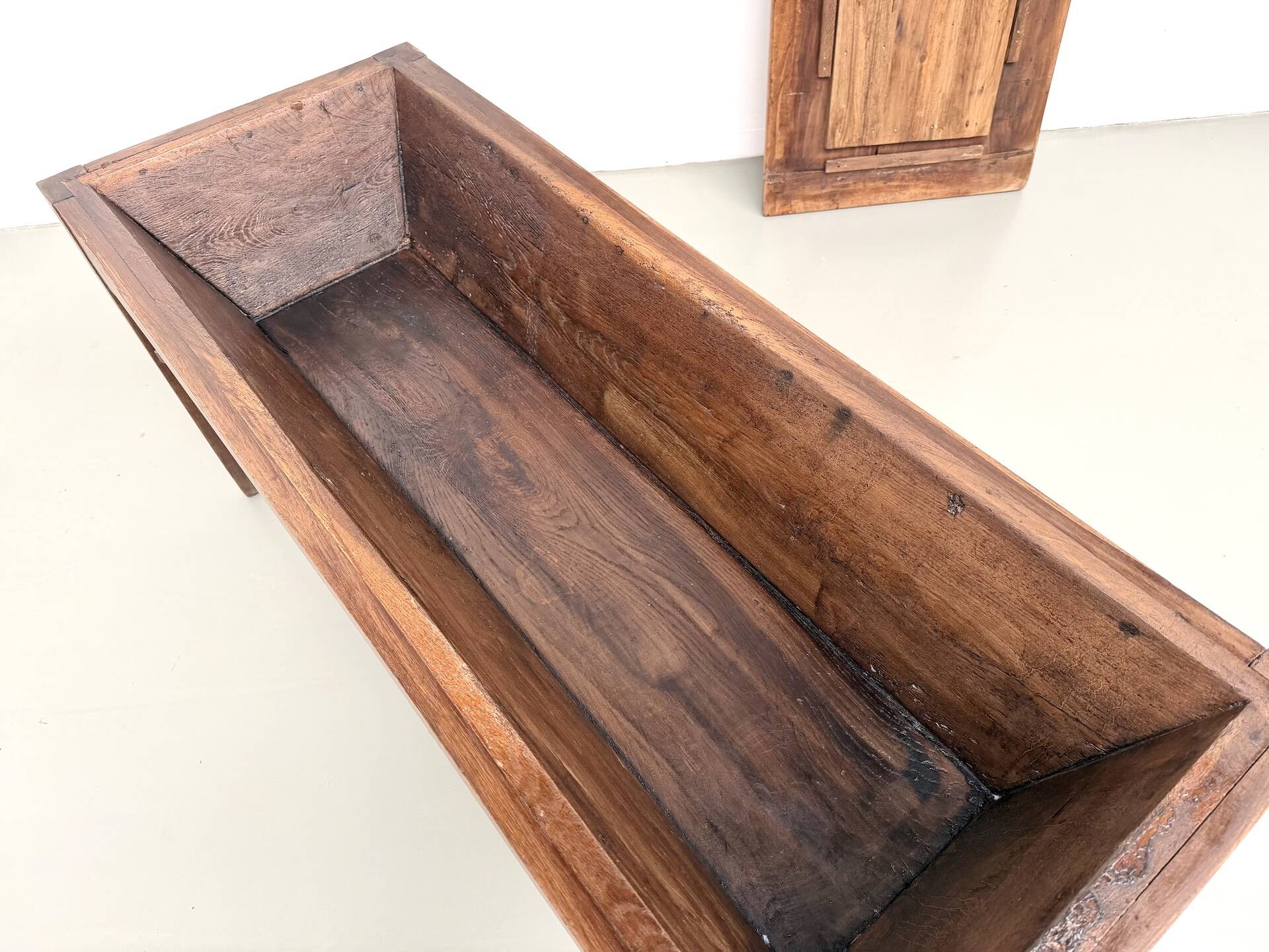 Farm table, old solid oak dough trough, France, around 1920.