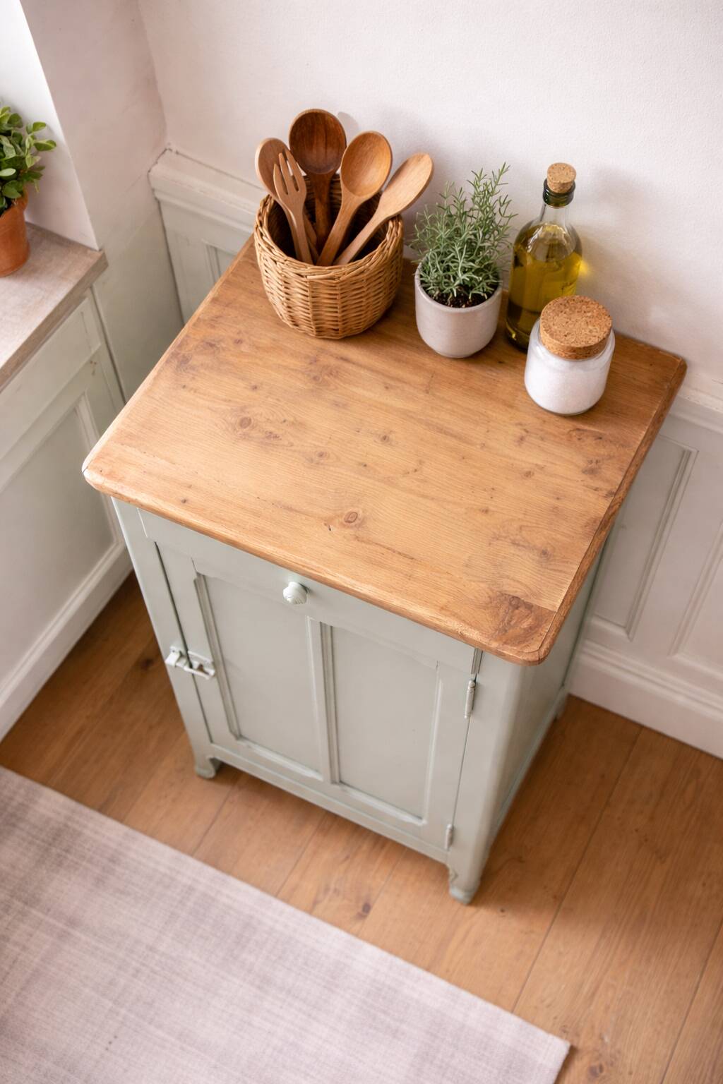 Vintage Parisian cupboard with 1 door, 1 drawer, reimagined in grey-green.