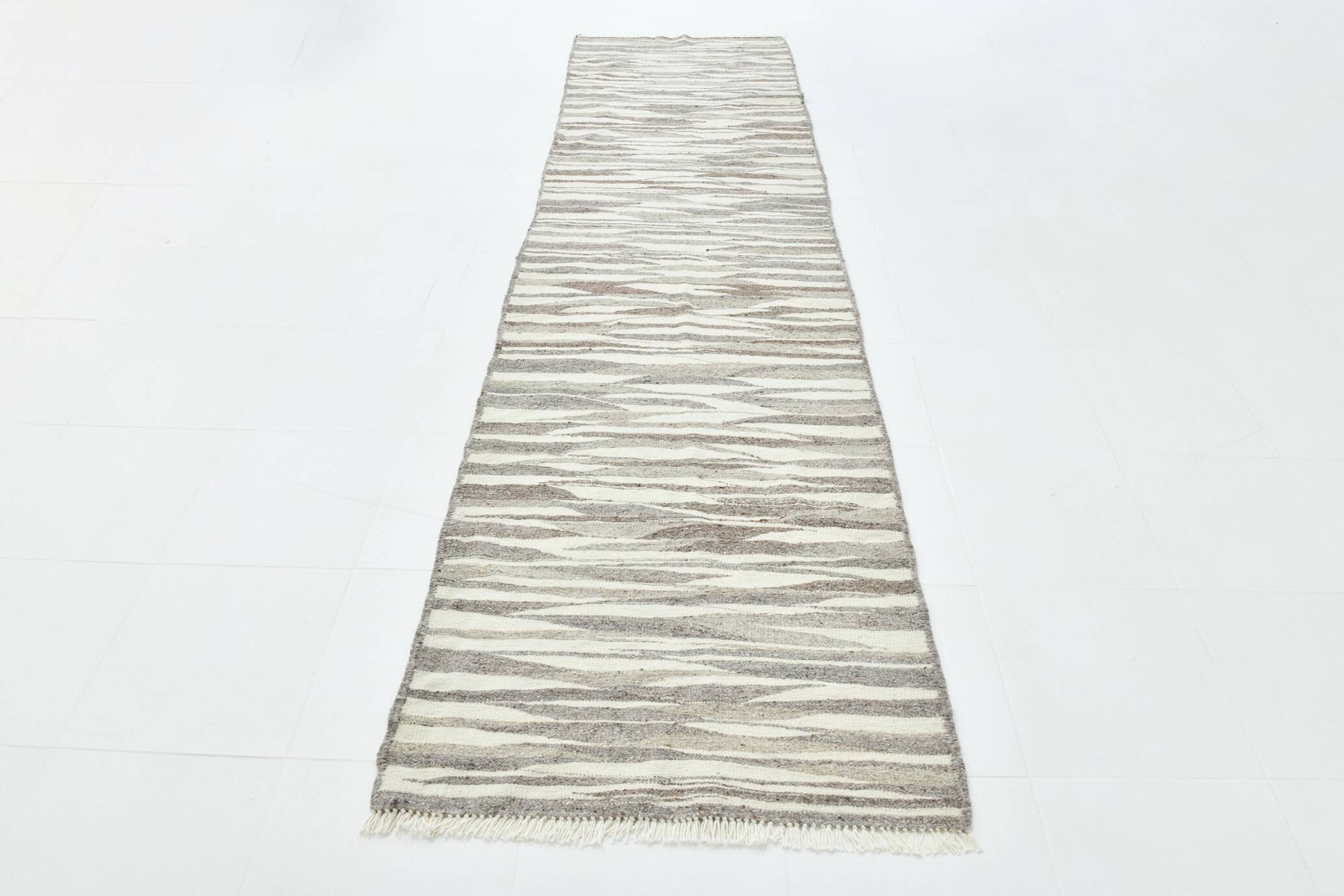 3x12 Brown & Beige Striped Vintage Kilim Runner Rug, 94x358Cm