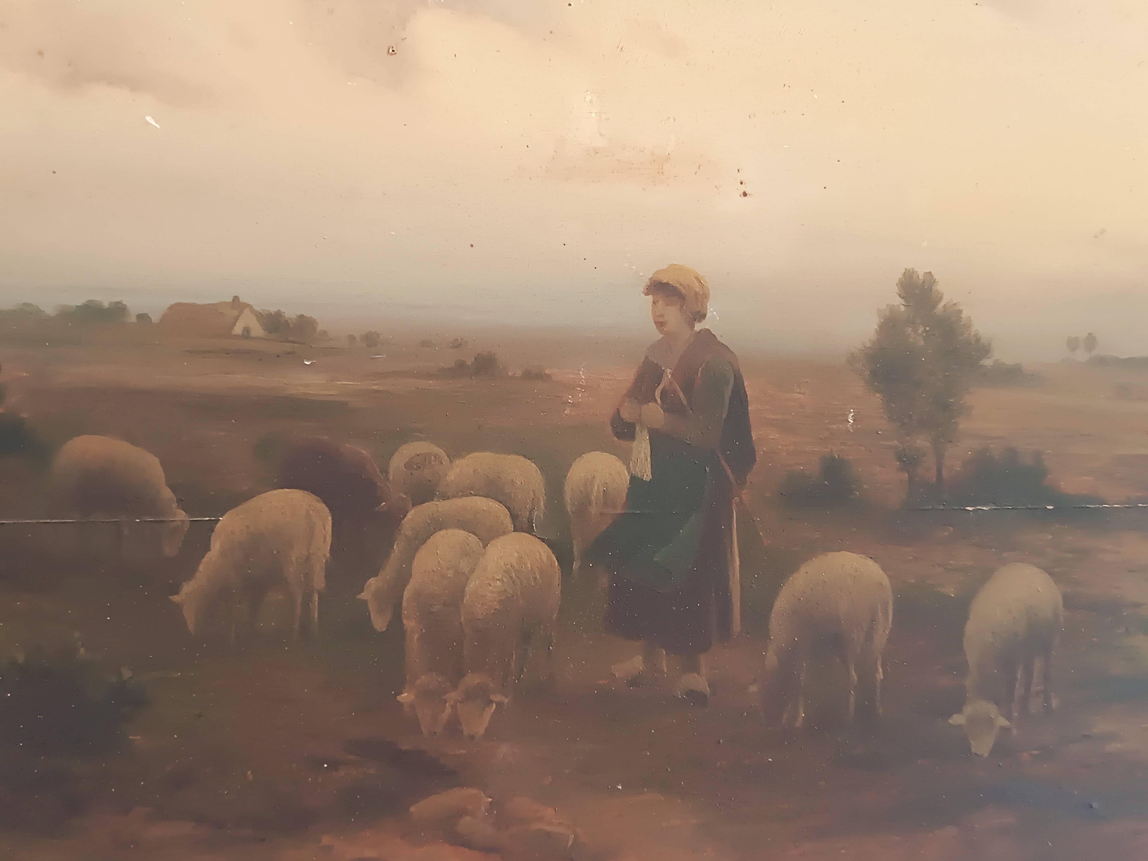 Hermann solbrig (1853-1942) painting, oil on panel, shepherdess and her troupe