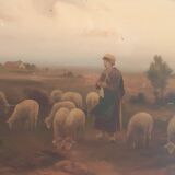 Hermann solbrig (1853-1942) painting, oil on panel, shepherdess and her troupe