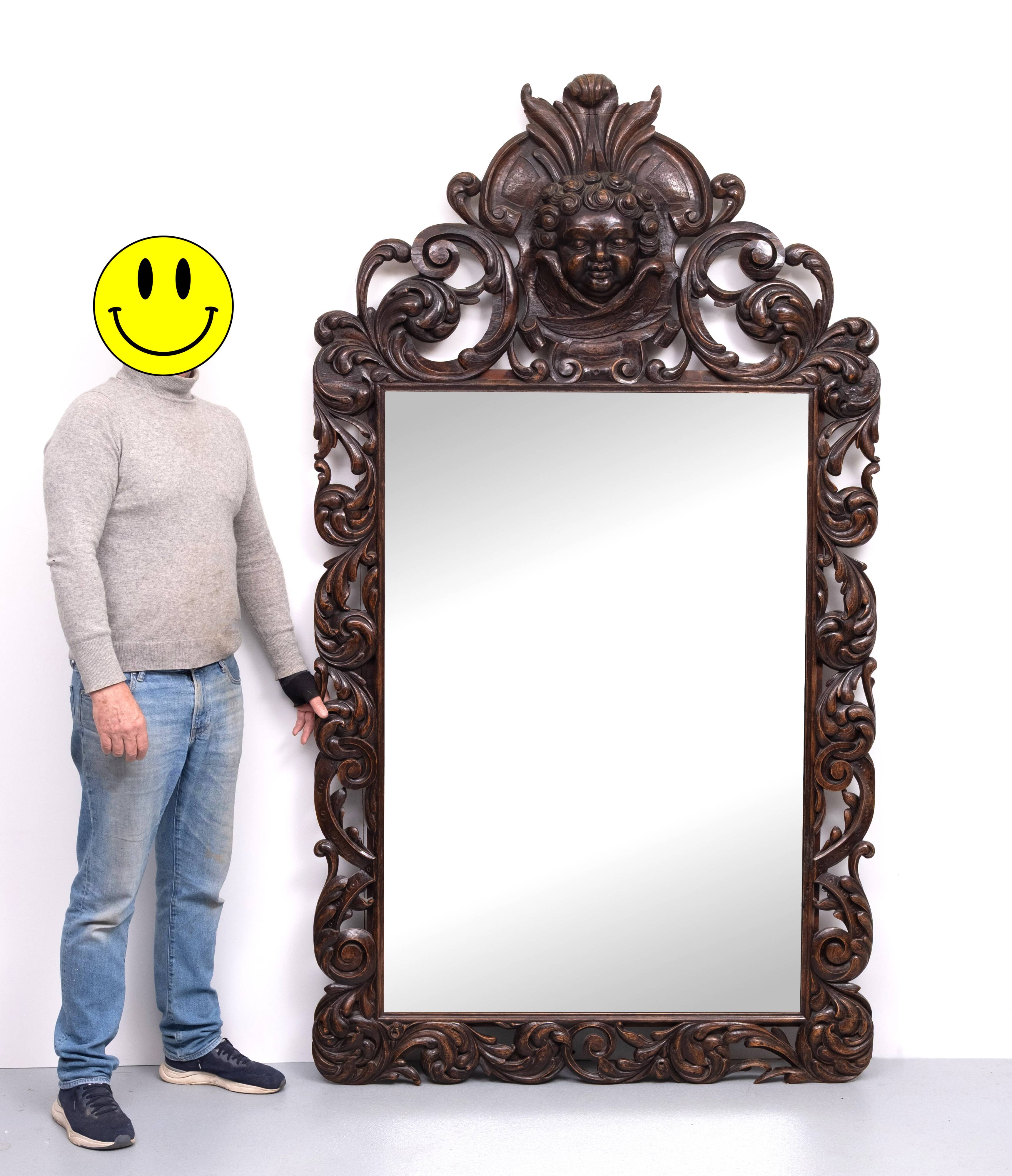 Impressive Monumental 18 Century Antique Cherub Oak mirror Holland