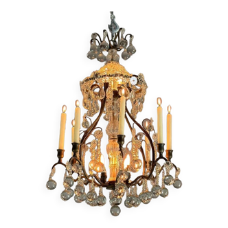 Lustre Cage Garni De Pampilles En Forme De Boules Vers 1900