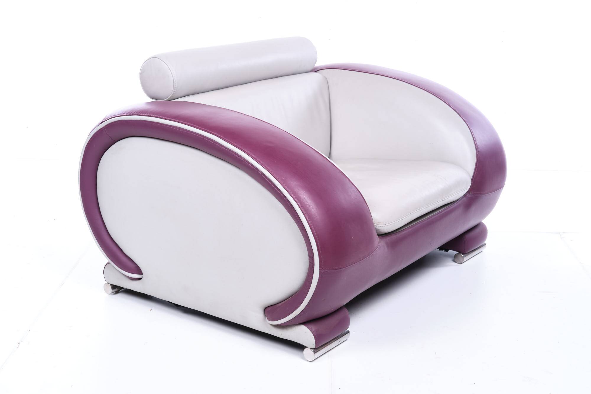 Leather armchair, hotel lounge, purple and gray, vintage