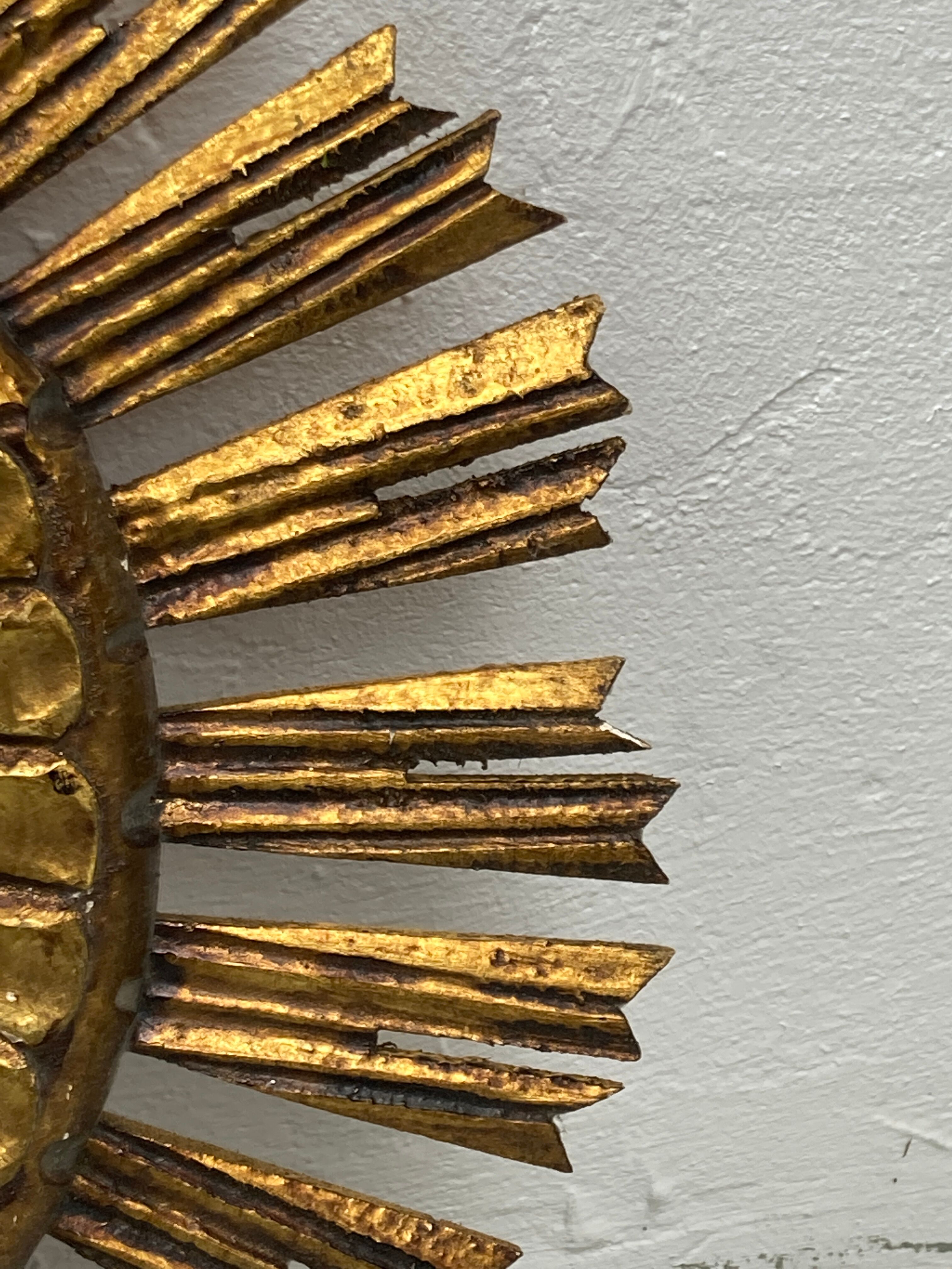 Spanish gold gilt wood sun or sunburst mirror, ca 1950s