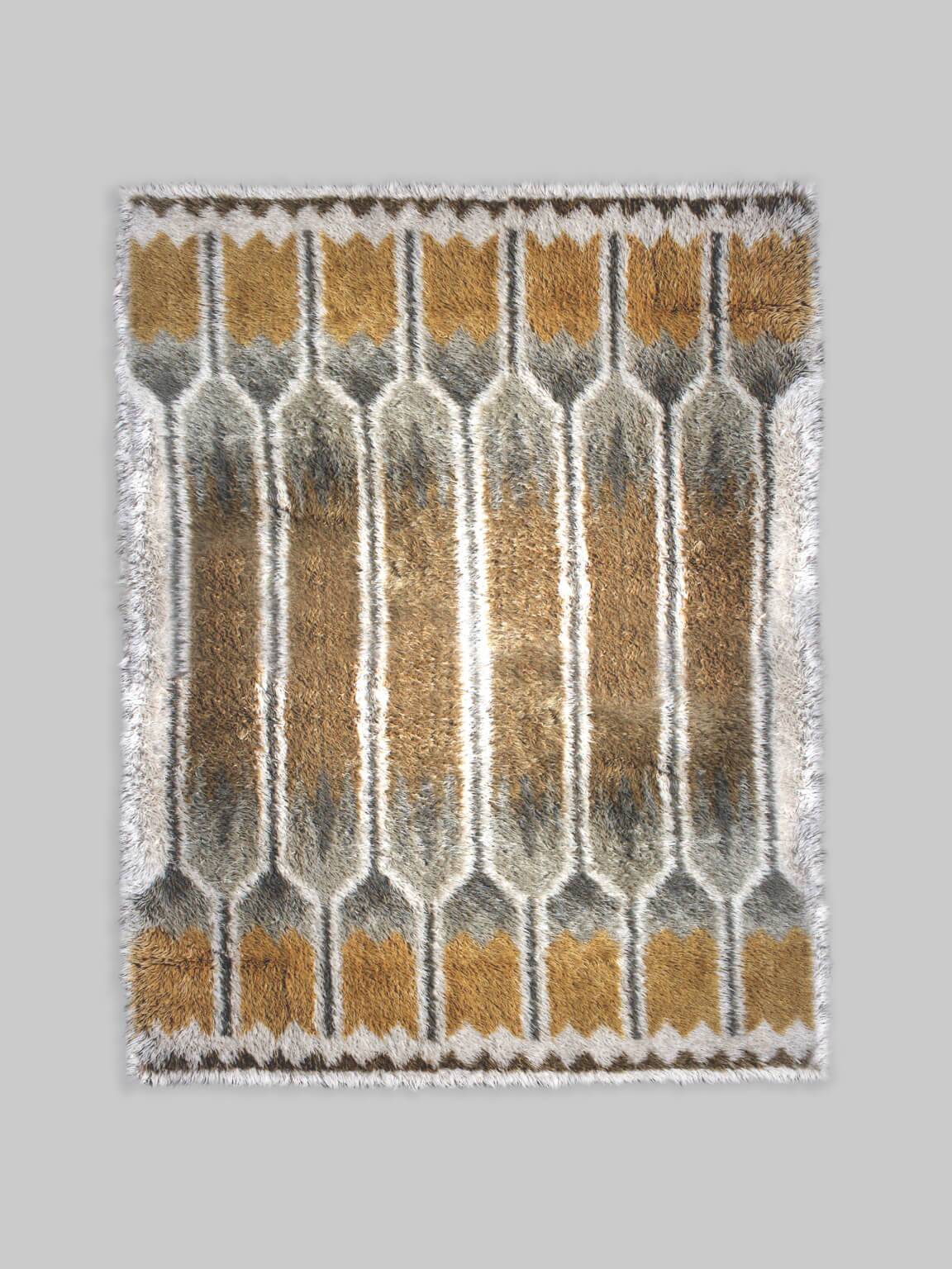 Swedish Rya Wool Rug In Natural Yellow And Grey Colours, 170x230cm