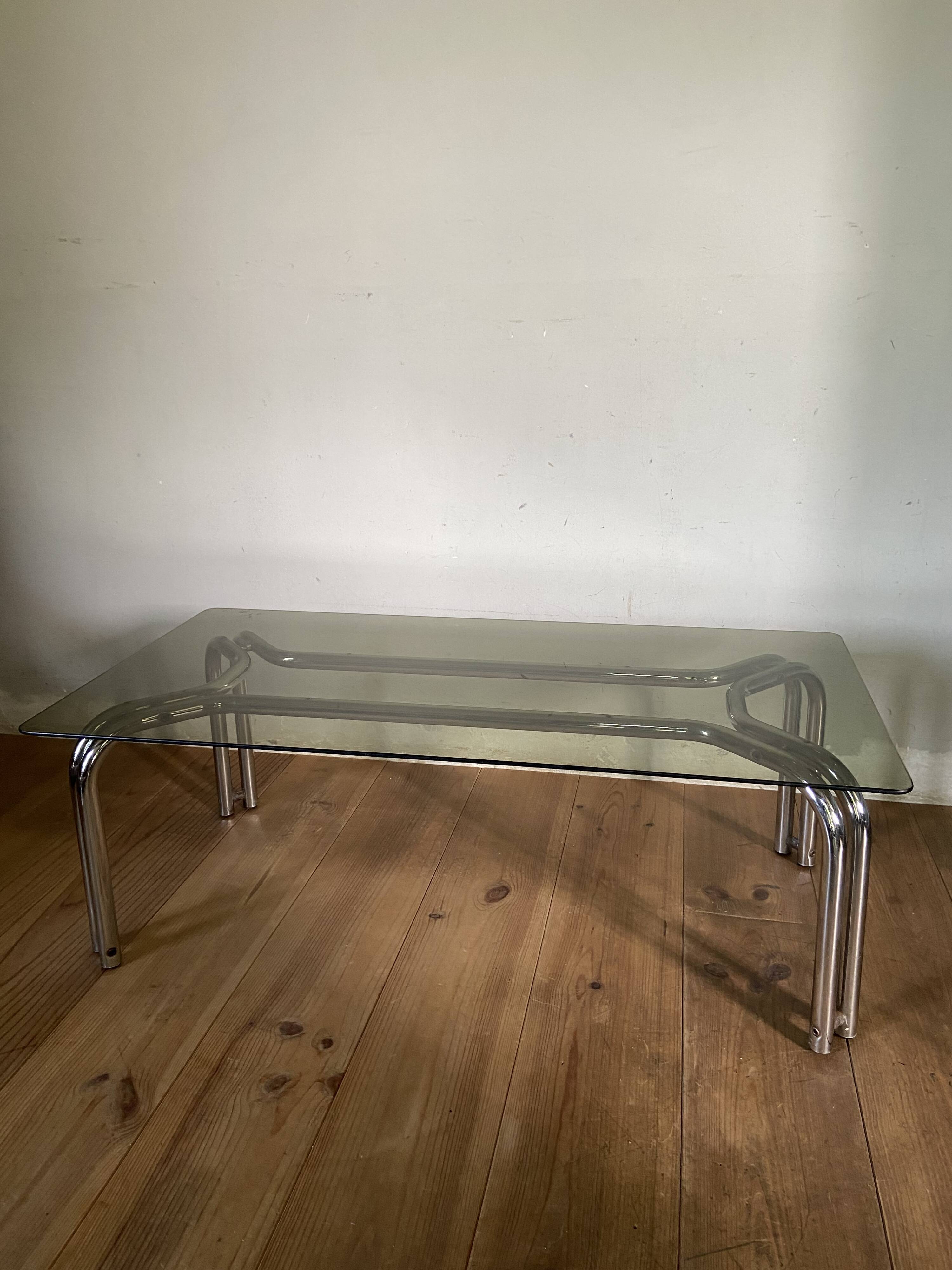 Vintage 70s table in tubular chrome and smoked glass
