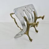 Porte buches de cheminée moderniste, laiton et aluminium, 1970