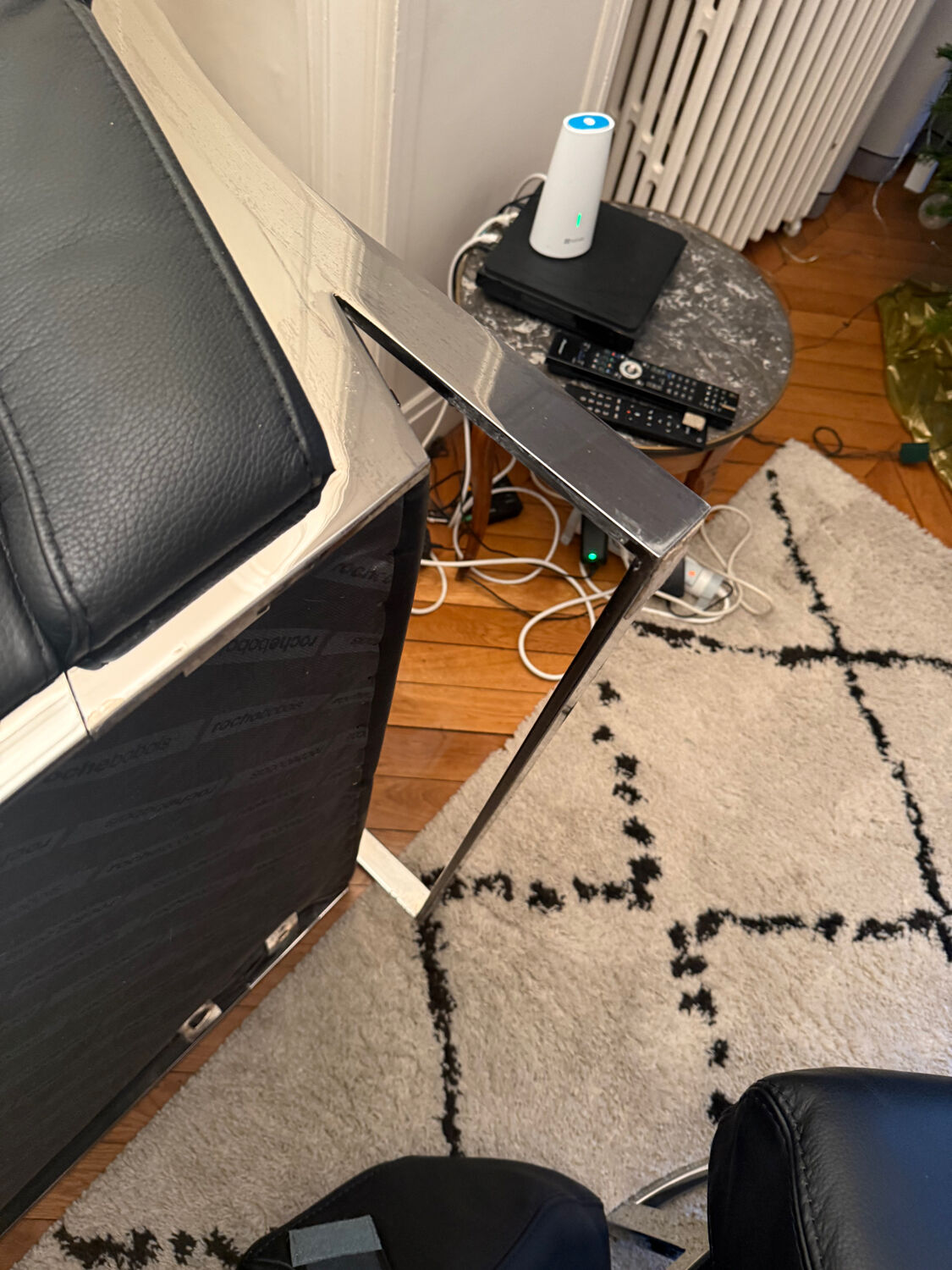 Canapé, cuir noir, Roche Bobois avec méridienne, canapé d’angle