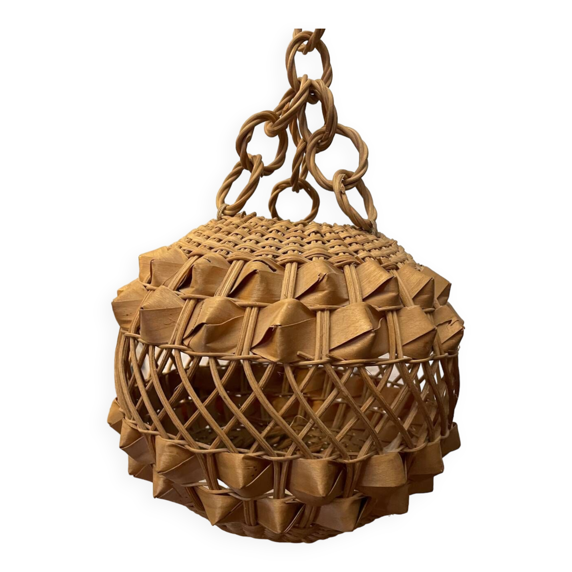 Suspension vintage en rotin et bois tressé