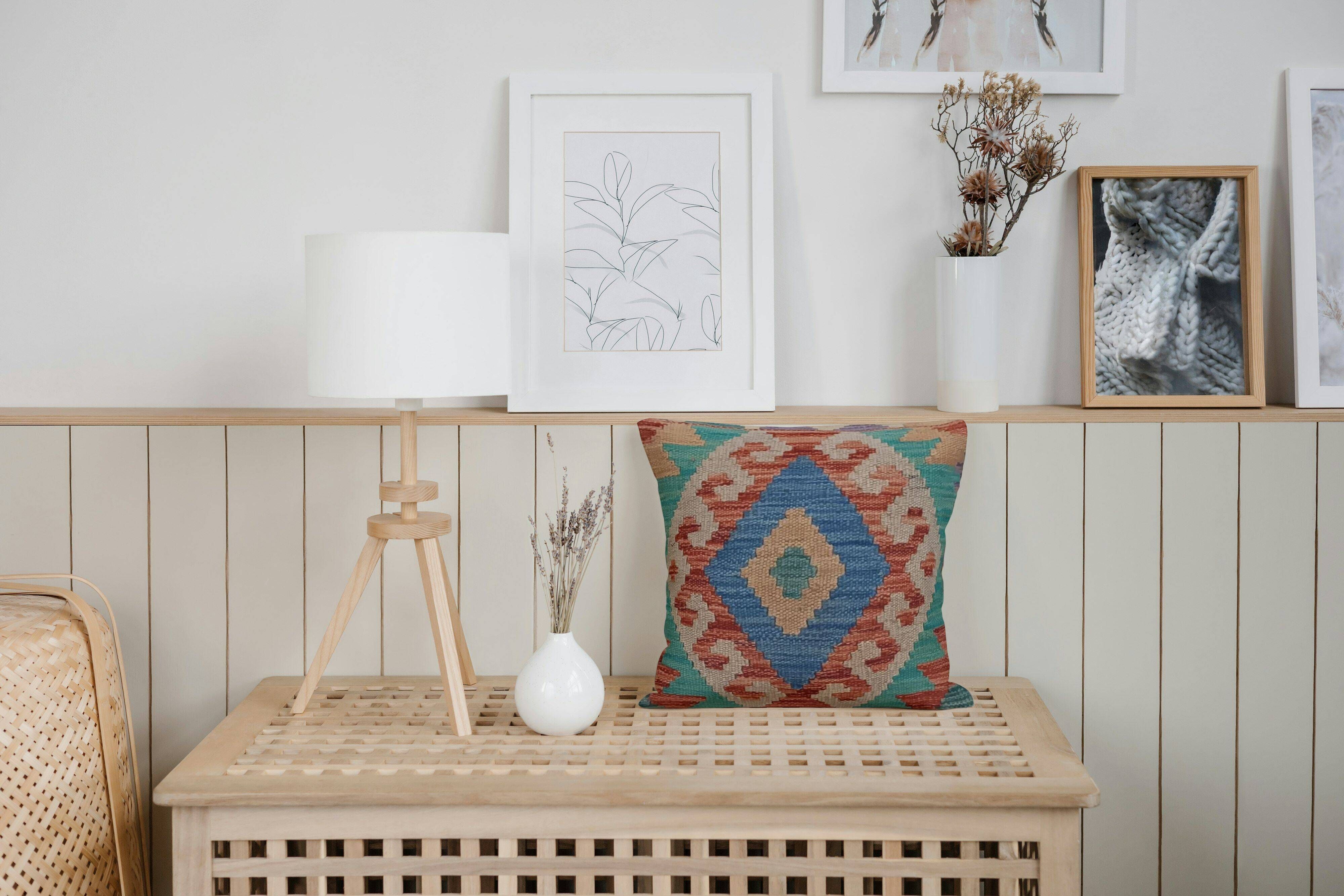 Turquoise Blue Geometric Cushion Cover, Vintage Wool Kilim Pillow Home Decor