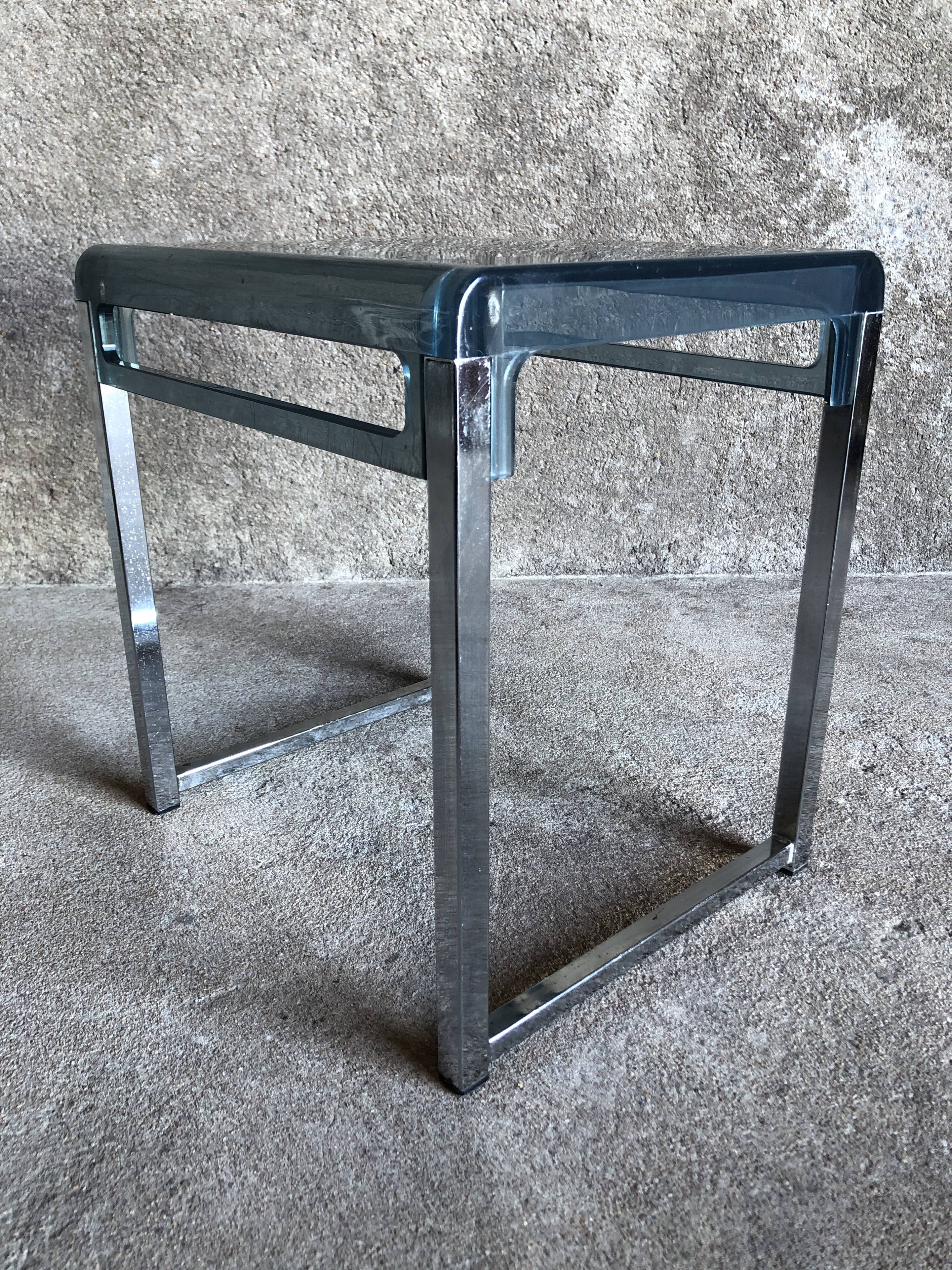 Bedside table in blue plexiglass and chrome metal, 1970