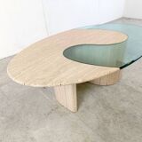 Table basse en travertin et verre années 1970