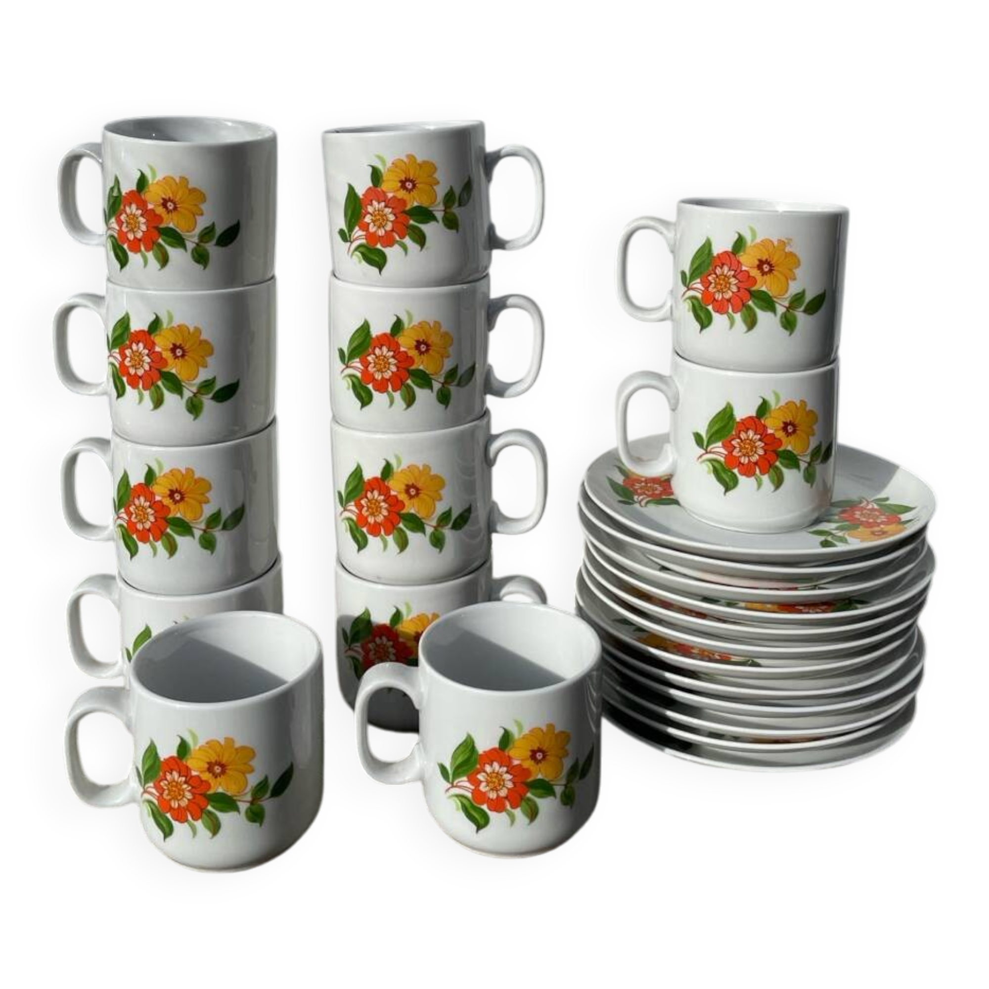12 porcelain coffee cups with flowers, 1960s-1970s