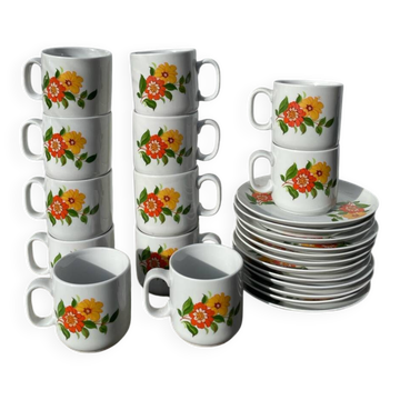 12 tasses à café en porcelaine avec fleurs 1960 1970 