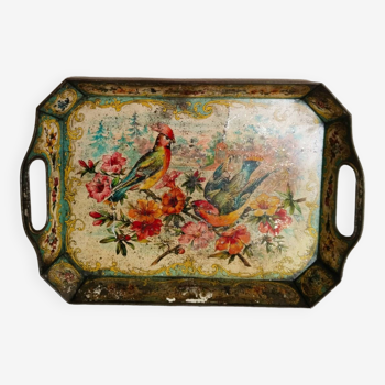 Napoleon III painted sheet metal tray, floral decoration, antique French