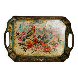 Napoleon III painted sheet metal tray, floral decoration, antique French