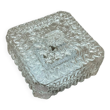 Old small square wall light ceiling fixture with transparent vintage glass.
