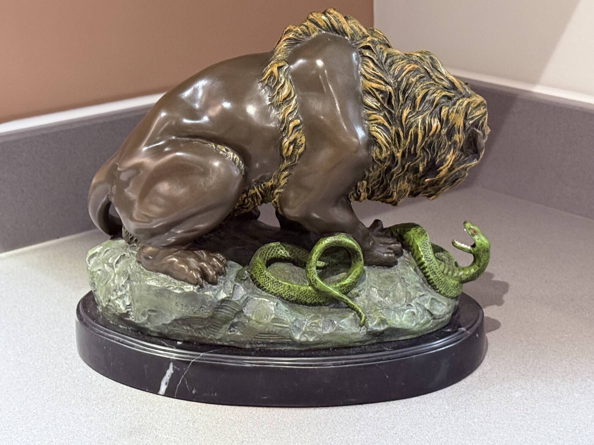 Antique Cold-Painted Bronze Lion Fighting a Snake, After Antoine-Louis Barye
