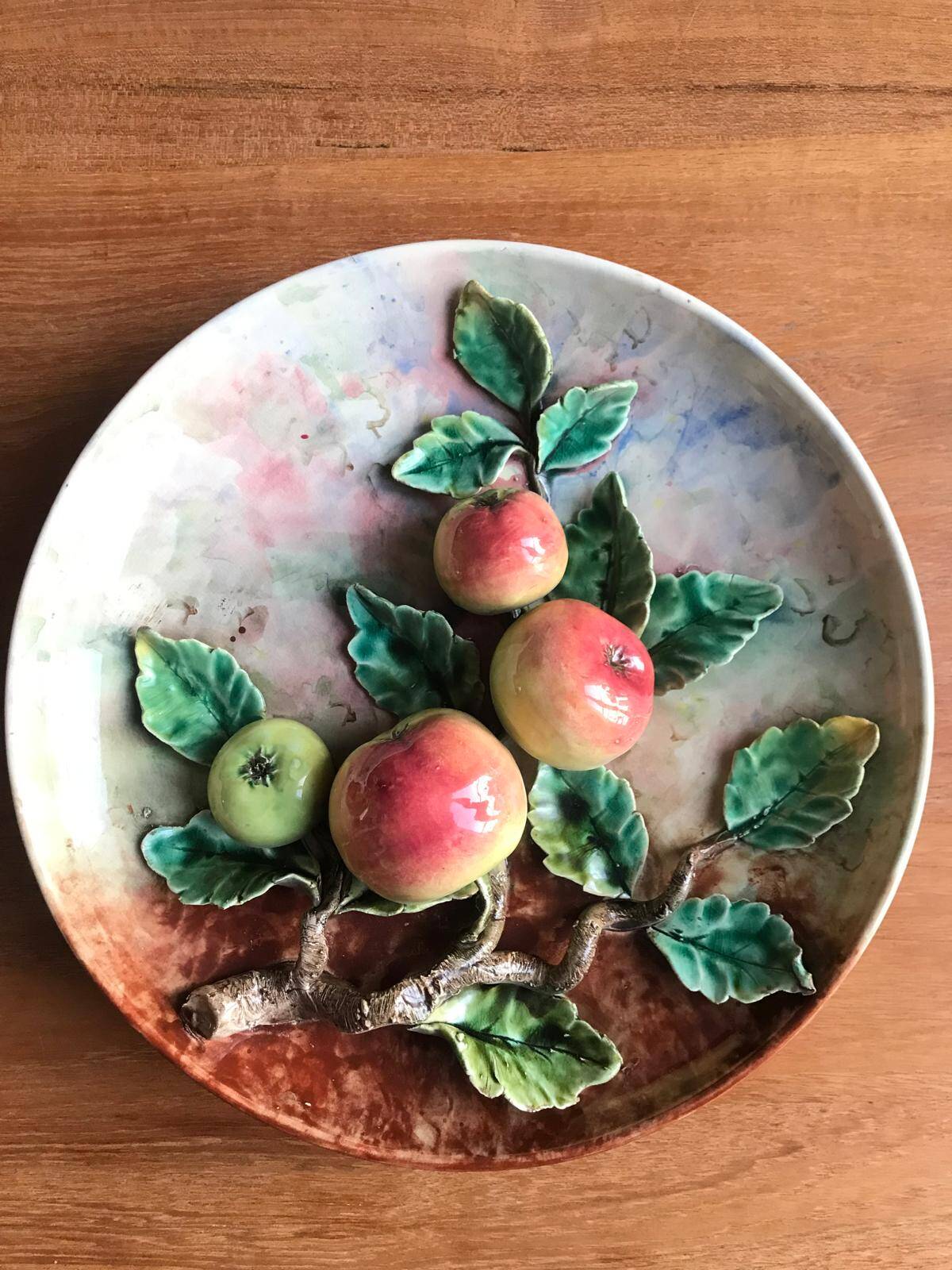 Barbotine wall dish, 19th century, Apple decor