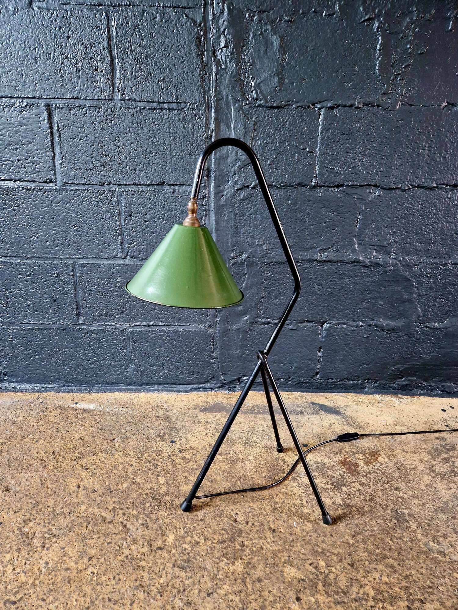 Industrial floor lamp in black lacquered metal and green enamelled sheet metal
