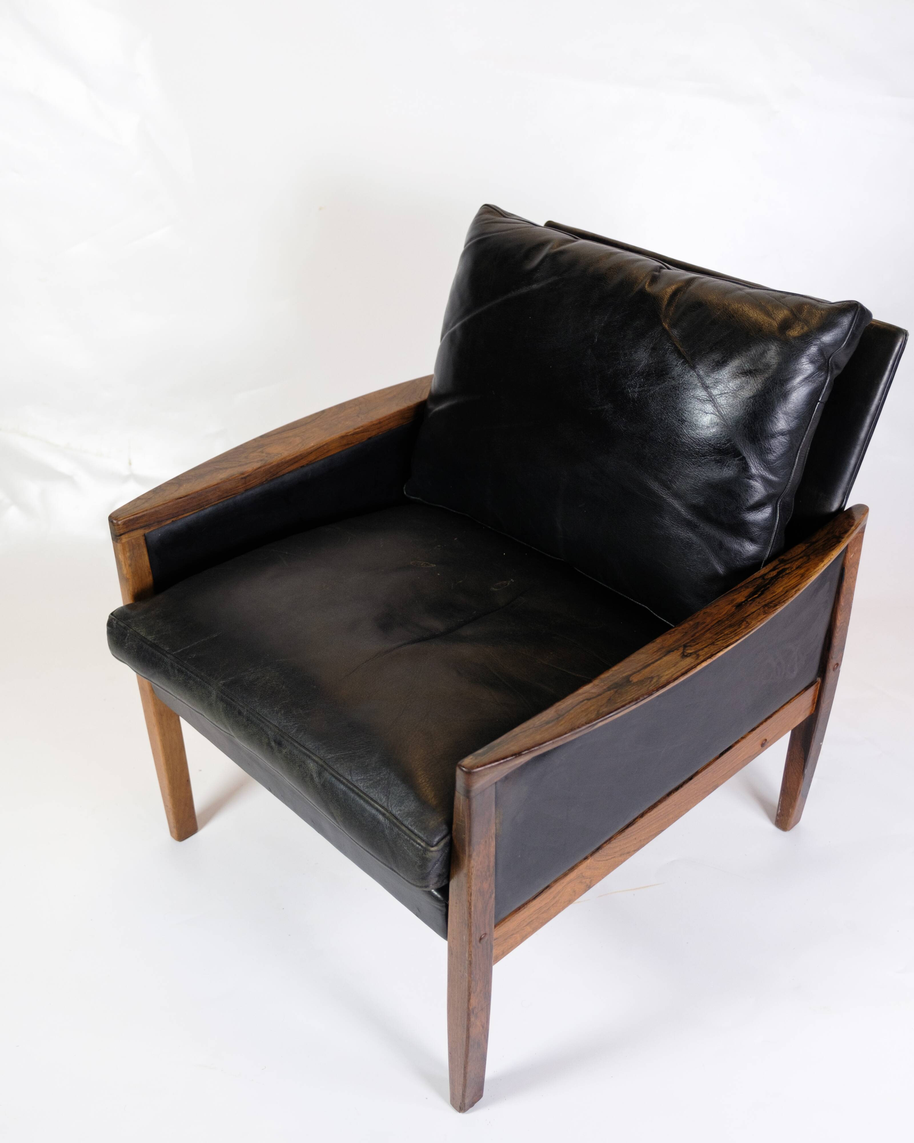 Armchair Made In Rosewood & Black Leather Cushions By Hans Olsen From 1960s