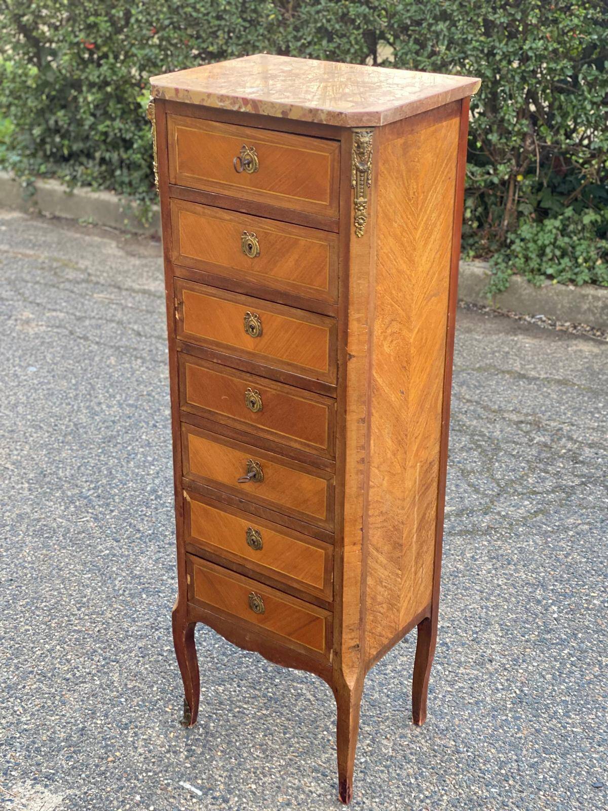 Louis XV transition XVI chest of drawers with 7 drawers in wood and marble