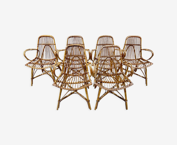 Six chaises rotin vintage