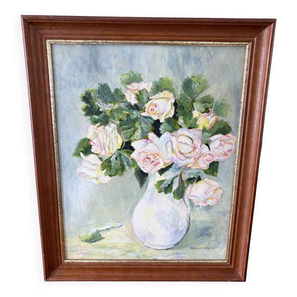 Tableau peinture à l'huile / fleurs de roses encadré vintage