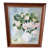 Oil painting / vintage framed rose flowers