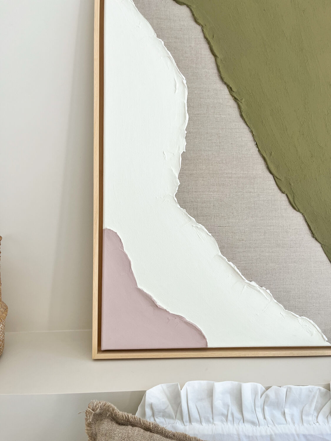 Minimalist relief table linen, khaki, pink, cream.