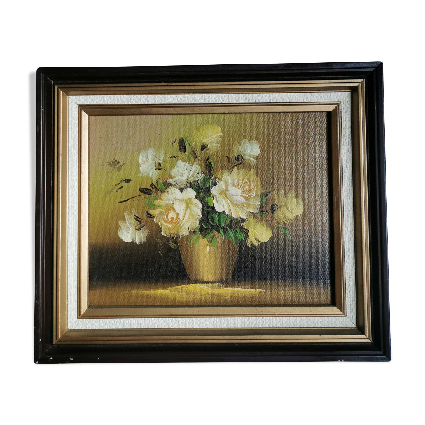 Bouquet de roses blanches huile sur toile ancienne
