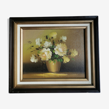 Bouquet de roses blanches huile sur toile ancienne