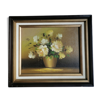 Bouquet de roses blanches huile sur toile ancienne