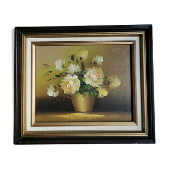 Bouquet of white roses oil on ancient canvas