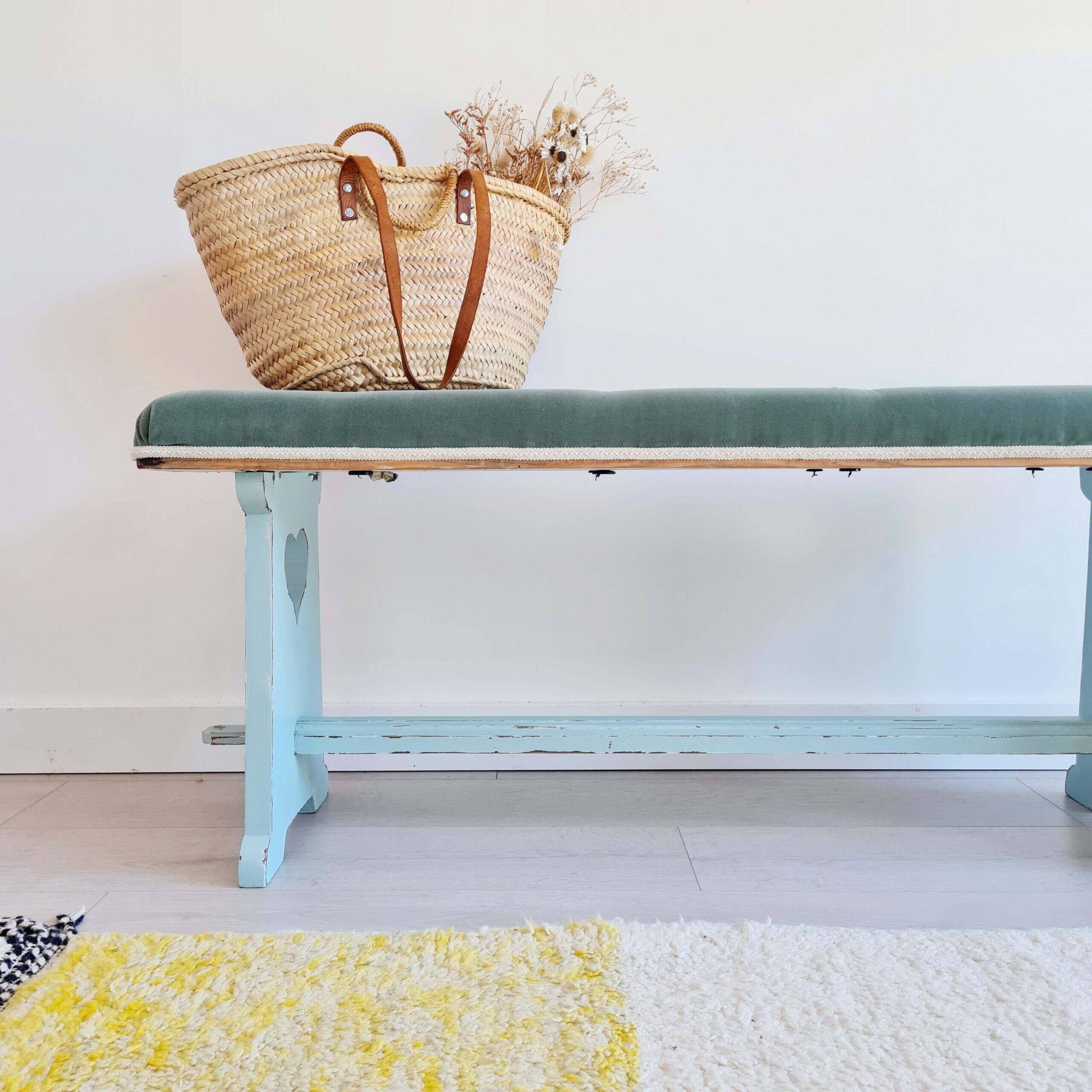 Antique blue velvet wooden bench - heart-shaped bench