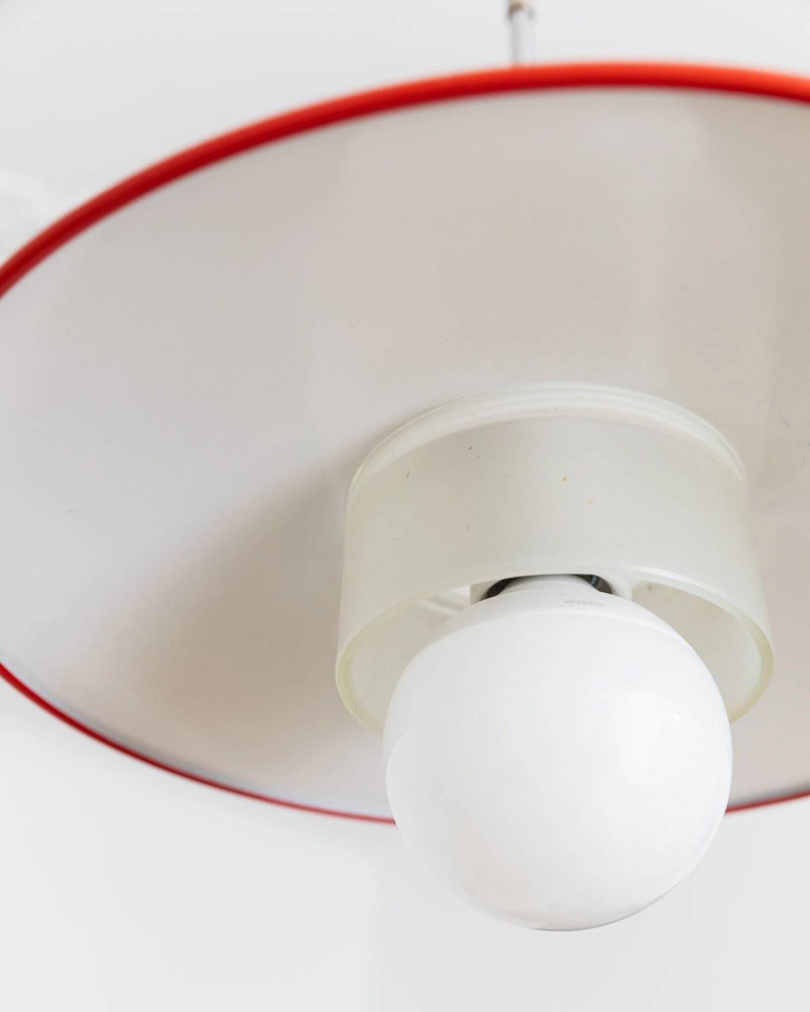 Red metal and glass Danish ceiling light, mid-century Memphis-inspired pendant with opal globe
